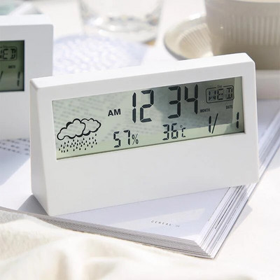 LCD Електрически настолен будилник Бял с календар и цифрова температура Влажност Модерен часовник за домашен офис Детски часовник за спалня