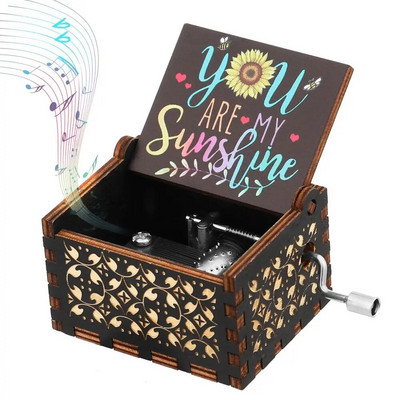 You are My Sunshine Wood Music Box Antique Engraving Hand-Cranked Small Music Boxes for Birthday Christmas Anniversary Day Gifts