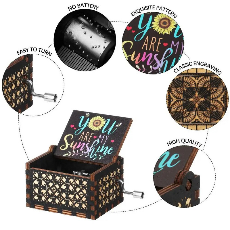 You are My Sunshine Wood Music Box Antik gravírozású, kézzel forgatható kis zenedobozok születésnapi karácsonyi évfordulós ajándékokhoz