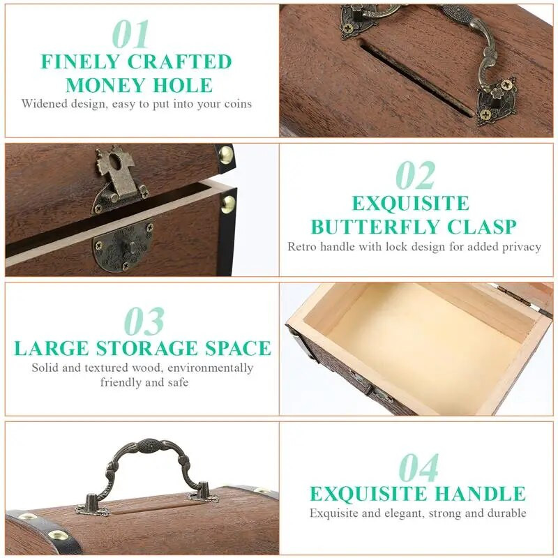 Vintage kutija s blagom Kućni dekor Drvena kutija za pohranu blaga Kasica prasica Organizator Kutija Ukrasni drveni sanduk za pohranu s bravom