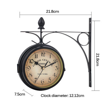 Двустранен кръгъл часовник за стенен монтаж на станция Градински ретро ретро домашен декор Метална рамка + стъклен капак на циферблата за коледен подарък