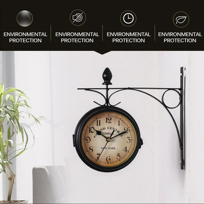 Double Sided Round Wall Mount Station Clock Garden Vintage Retro Home Decor Metal Frame + Glass Dial Cover For Christmas Gift