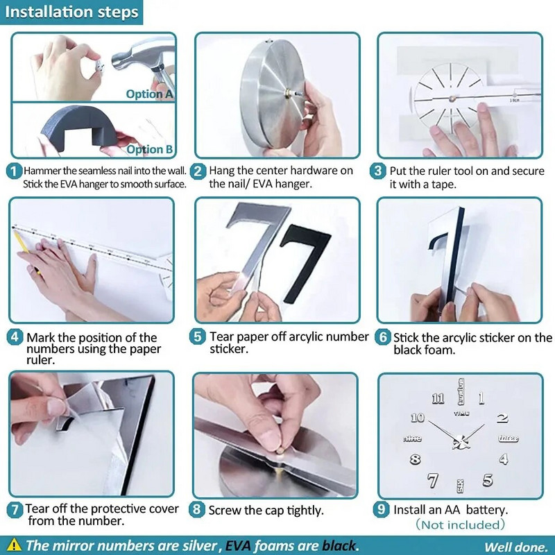 2024 m. Nauji namų papuošimai „Pasidaryk pats“ sieninis laikrodis Didelis 3D sieninis laikrodis Akriliniai veidrodžių numeriai Sieniniai lipdukai Modernus berėmio modernaus dizaino