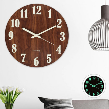 12-инчов светещ стенен часовник с дървен дизайн Нощни светлини Кръгъл стенен часовник с голям номер Дървен часовник Лесен за четене Светещ в тъмното