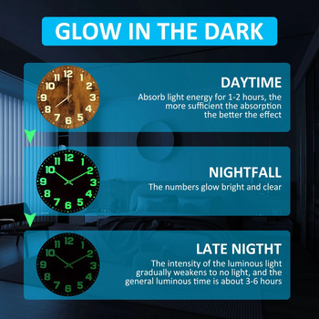 Φωτεινά ρολόγια τοίχου Ξύλινη λάμψη στο σκοτεινό ρολόι 12 ιντσών Αθόρυβο ρολόι τοίχου με φωτισμό που δεν τρέχει με μπαταρία Νυχτερινό φως