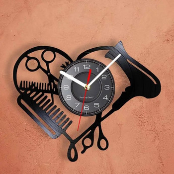 Знак за бръснарница Винилова плоча Стенен часовник Красота Фризьорски салон С форма на сърце Сушилня Ножица Гребен Дизайн на фризьор Безшумен часовник Часовник