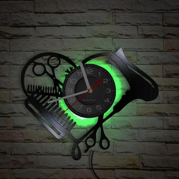 Знак за бръснарница Винилова плоча Стенен часовник Красота Фризьорски салон С форма на сърце Сушилня Ножица Гребен Дизайн на фризьор Безшумен часовник Часовник