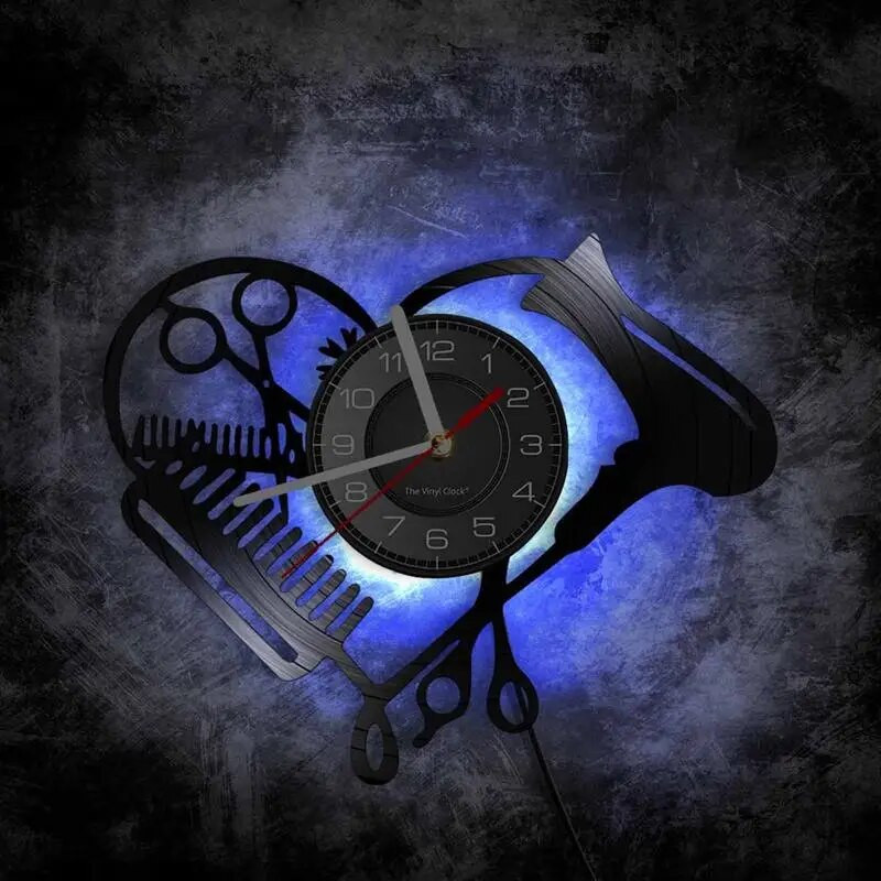 Fodrászat Címke Vinyl lemez Falióra Szépség Fodrászat Szív alakú Szárító Ollós Fésű Fodrász Dizájn Csendes óra óra