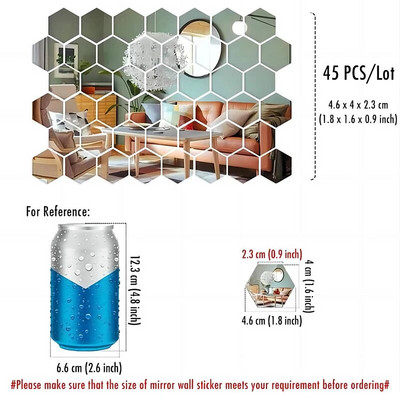 Zidna naljepnica s ogledalom od 45 komada, šesterokutna zidna umjetnička naljepnica, naljepnica za kućanske ukrasne pločice DIY