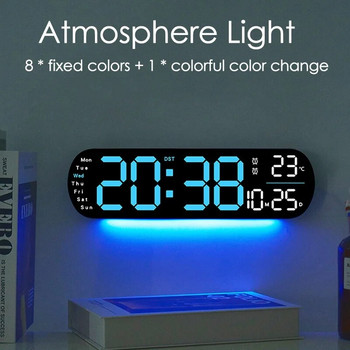 LED стенен часовник с атмосферна светлина, променящ се цвят, температура, дата, седмичен дисплей, електронен будилник с дистанционно управление