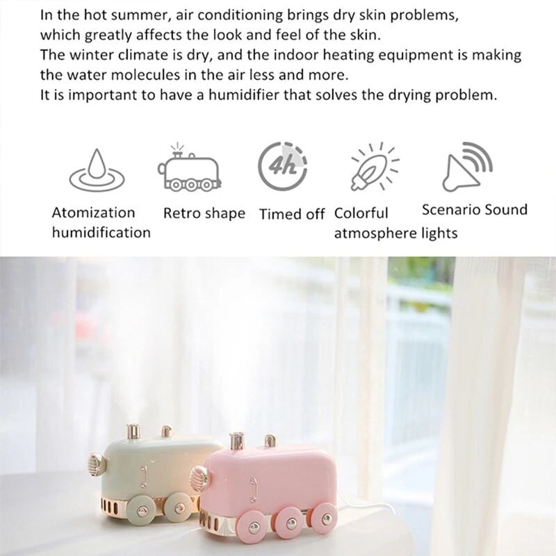 300ml Drėkintuvas Retro Mini Train USB aromatinis oro difuzorius eterinių aliejų rūko formuotojas su spalvota LED lempute