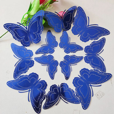 12db/készlet Színátmenetes üreges 3d pillangós fali matrica esküvői dekorációhoz nappali ablak lakberendezési arany ezüst pillangók