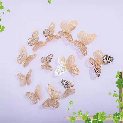 12db/készlet Színátmenetes üreges 3d pillangós fali matrica esküvői dekorációhoz nappali ablak lakberendezési arany ezüst pillangók