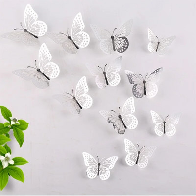 12db/készlet Színátmenetes üreges 3d pillangós fali matrica esküvői dekorációhoz nappali ablak lakberendezési arany ezüst pillangók