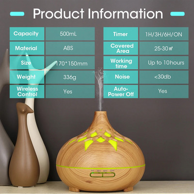 500 ML Aromaterapijski raspršivač eteričnog ulja sa šupljim drvenim zrncima Daljinski upravljač Ultrazvučni ovlaživač zraka Cool s LED svjetlom u 7 boja