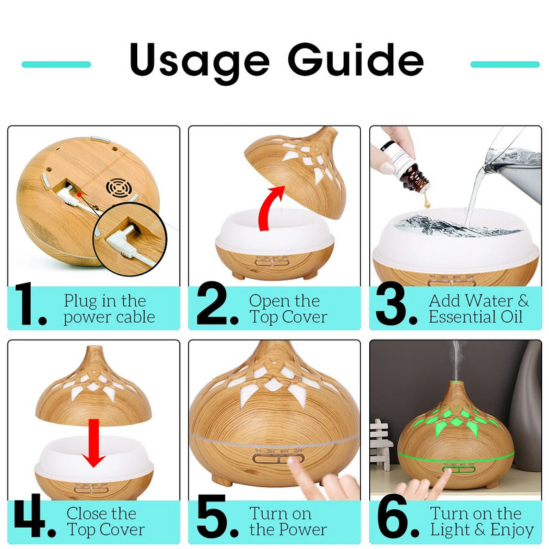 500 ml aroomiteraapia eeterlike õlide hajuti õõnes puiduteraline kaugjuhtimispult ultraheli õhuniisutaja jahutus 7 värvi LED valgusega