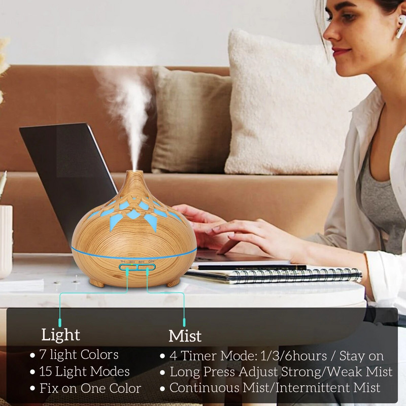 500 ml aroomiteraapia eeterlike õlide hajuti õõnes puiduteraline kaugjuhtimispult ultraheli õhuniisutaja jahutus 7 värvi LED valgusega