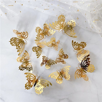 12 бр./компл. 3D стикер за стена с куха пеперуда Злато, сребро, роза, сватбена украса, хол, домашен декор, стикери за пеперуди