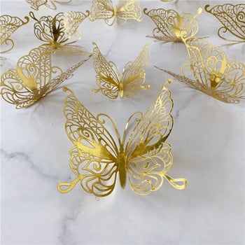 12 бр./компл. 3D стикер за стена с куха пеперуда Злато, сребро, роза, сватбена украса, хол, домашен декор, стикери за пеперуди