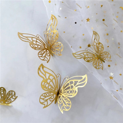 12 tk/komplekt 3D õõnsa liblikaga seinakleebis Kuldne hõberoos pulmakaunistus elutuba kodukaunistusega liblikate kleebised