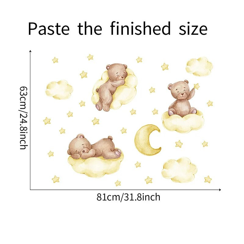 Autocolante de perete pentru copii, 3 culori, desene animate, urs, nori, lună, pentru copii, decor pepinieră, tapet pentru baieți, fete, autocolante de perete
