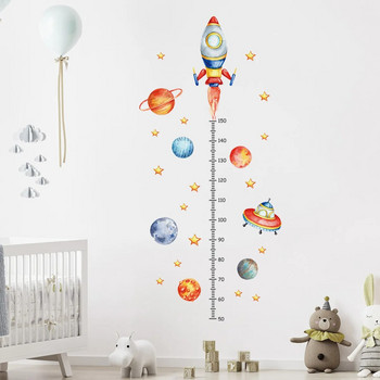 Cartoon Planet Rocket Height Measurement Стикери за стена за детска стая Baby Boy Room Height Roller Grow Up Chart Decals Wall Mural