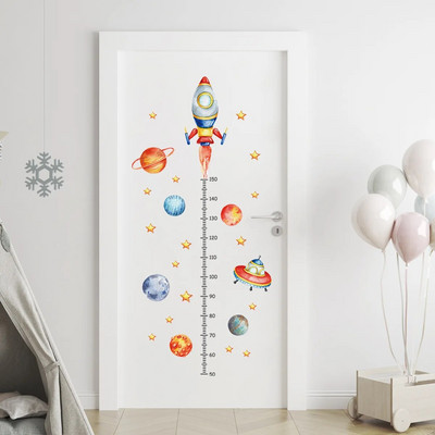 Cartoon Planet Rocket Height Measurement Стикери за стена за детска стая Baby Boy Room Height Roller Grow Up Chart Decals Wall Mural