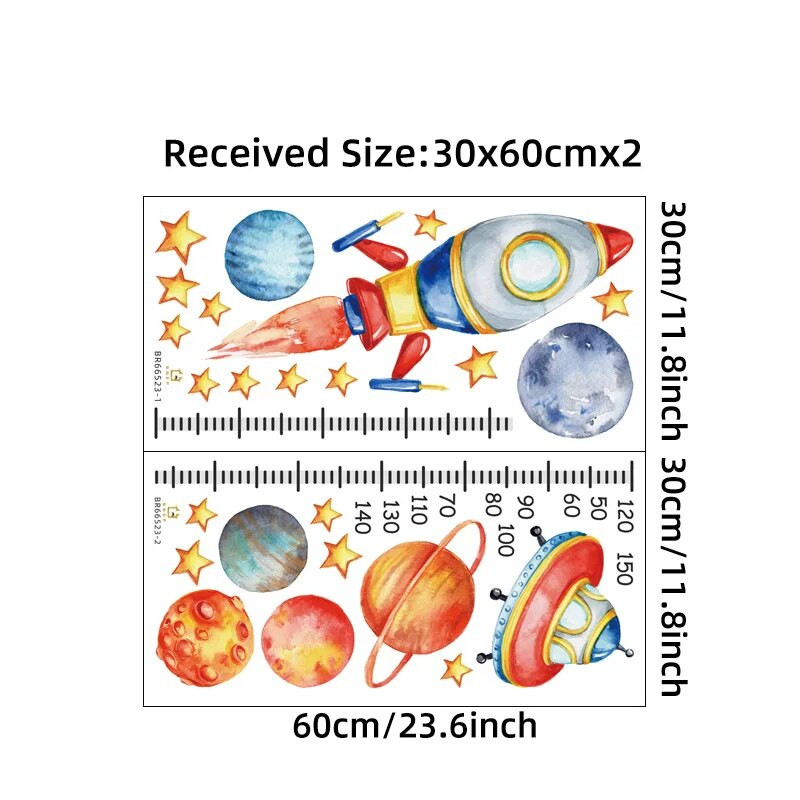 Animacinių filmų planetos raketos aukščio matavimo sienų lipdukai, skirti vaikų kambariui, berniuko kambario aukščio ritiniui augti diagrama Sienų lipdukai freska