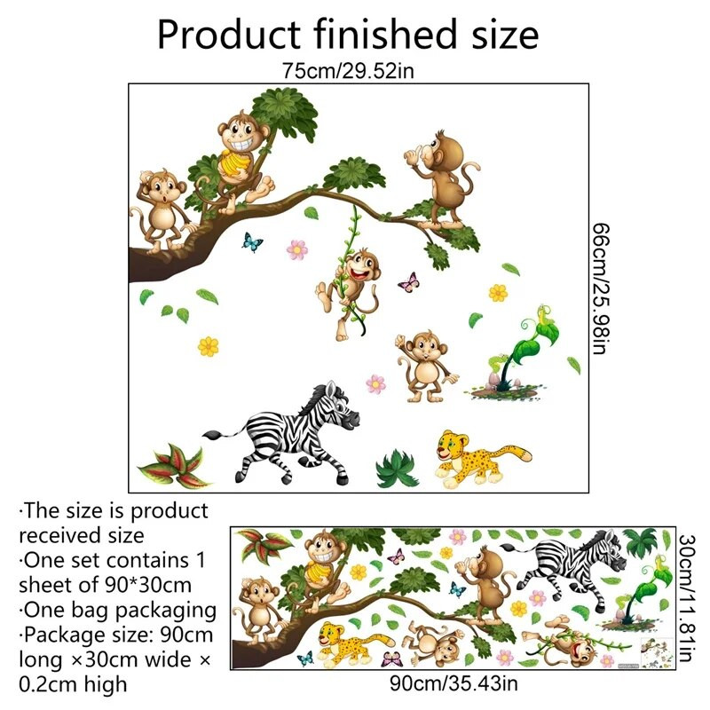 Animacinis filmas Beždžionė Vinilinis sienų lipdukas vaikų kambariams Vaikų kambarys berniukų miegamojo tapetai Kūdikių kambario apdaila Džiunglių gyvūnų freska