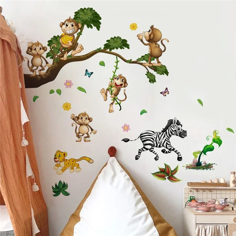 Animacinis filmas Beždžionė Vinilinis sienų lipdukas vaikų kambariams Vaikų kambarys berniukų miegamojo tapetai Kūdikių kambario apdaila Džiunglių gyvūnų freska