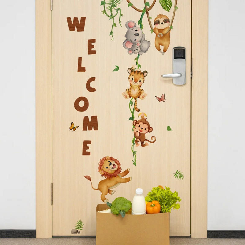 Erdei állat oroszlán lajhár majom ágak levél akvarell falmatricák lányoknak gyerekszobákhoz baba óvodai falmatricák lakberendezési tárgyakhoz