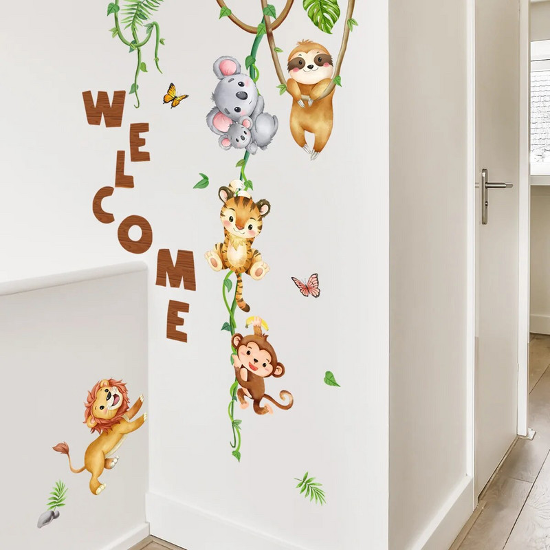 Erdei állat oroszlán lajhár majom ágak levél akvarell falmatricák lányoknak gyerekszobákhoz baba óvodai falmatricák lakberendezési tárgyakhoz