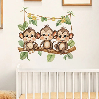 Cute Monkeys on The Branch Αυτοκόλλητα τοίχου για παιδικά δωμάτια Αυτοκόλλητα νηπιαγωγείου Αγόρια Διακόσμηση βρεφικού δωματίου Κινούμενα σχέδια Τοιχογραφία βινυλικής πόρτας μαϊμού