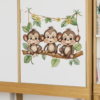 Сладки маймуни на клона Стикери за стена за детски стаи Стикери за детска стая Момчета Декорация на бебешка стая Карикатура Маймуна Винил Стенопис за врати