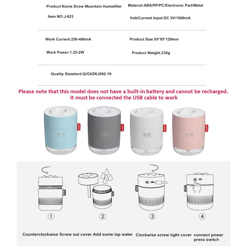 White Snow Mountain ovlaživač zraka 500 ML Ultrazvučni USB Aroma difuzor zraka Umirujuće svjetlo Aromaterapijski ovlaživač Kućni difuzor