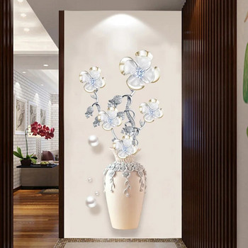 Стикер за стена Флорален модел Самозалепваща декорация на дома Елегантна четирилистна ваза с трева за късмет Тапети за стикери за стена Домашно изкуство