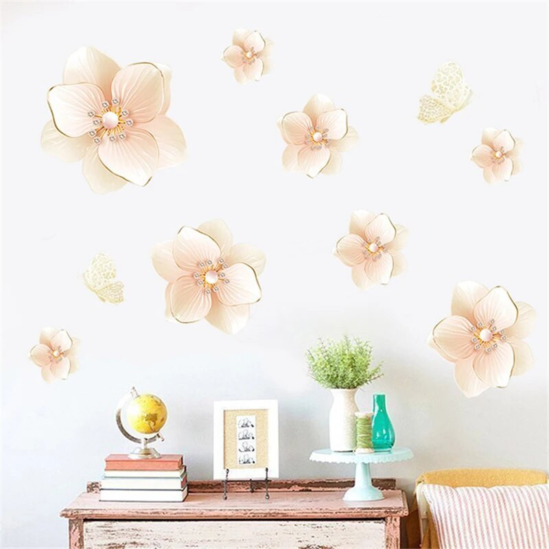 Dideli romantiški perlų gėlių drugeliai 3D sienų lipdukai Miegamojo Svetainės sienų dekoras Vinilo sienų lipdukai gėlių lipdukai Muraux