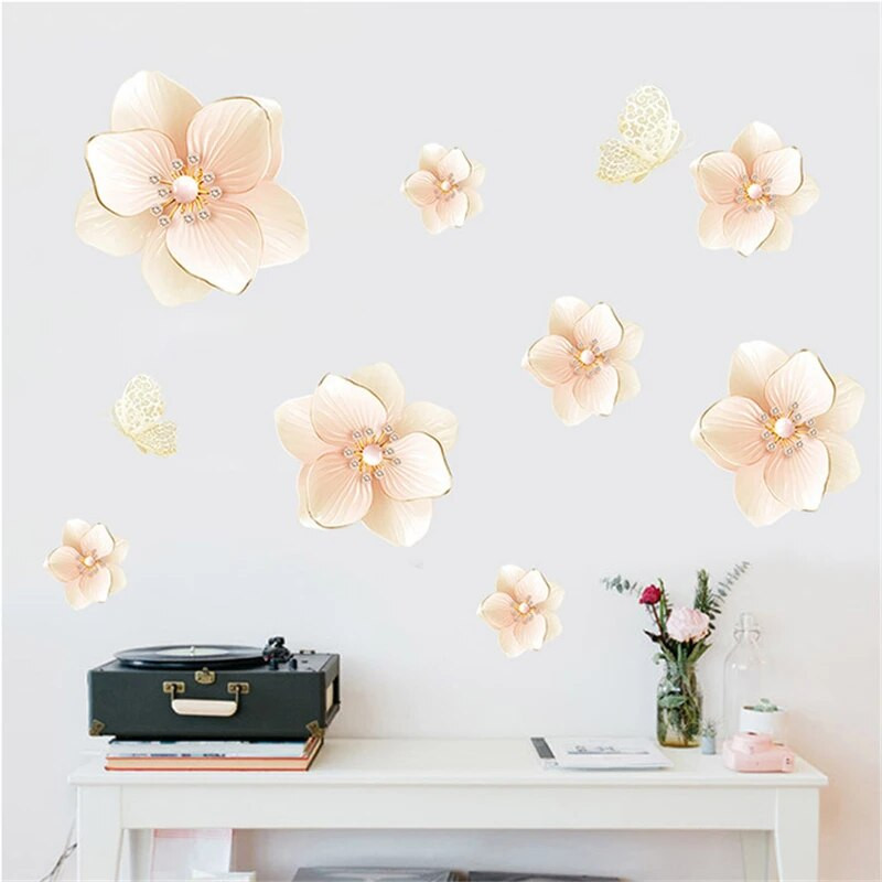 Dideli romantiški perlų gėlių drugeliai 3D sienų lipdukai Miegamojo Svetainės sienų dekoras Vinilo sienų lipdukai gėlių lipdukai Muraux
