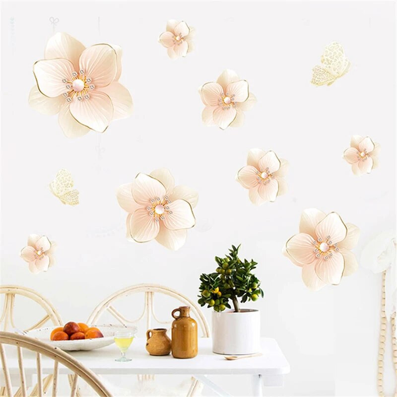 Dideli romantiški perlų gėlių drugeliai 3D sienų lipdukai Miegamojo Svetainės sienų dekoras Vinilo sienų lipdukai gėlių lipdukai Muraux
