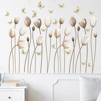 Елегантни златни лалета стикери за стена 3d цвете, пеперуда, самозалепващи се тапети, холна стена, декоративни винилови стенописи, художествени стикери