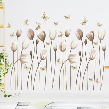 Κομψά αυτοκόλλητα τοίχου χρυσή τουλίπα 3d λουλούδι πεταλούδα Αυτοκόλλητη ταπετσαρία σαλονιού Διακοσμητικό τοίχου βινυλίου τέχνης Αυτοκόλλητο