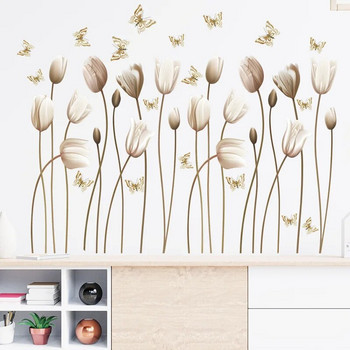 Κομψά αυτοκόλλητα τοίχου χρυσή τουλίπα 3d λουλούδι πεταλούδα Αυτοκόλλητη ταπετσαρία σαλονιού Διακοσμητικό τοίχου βινυλίου τέχνης Αυτοκόλλητο