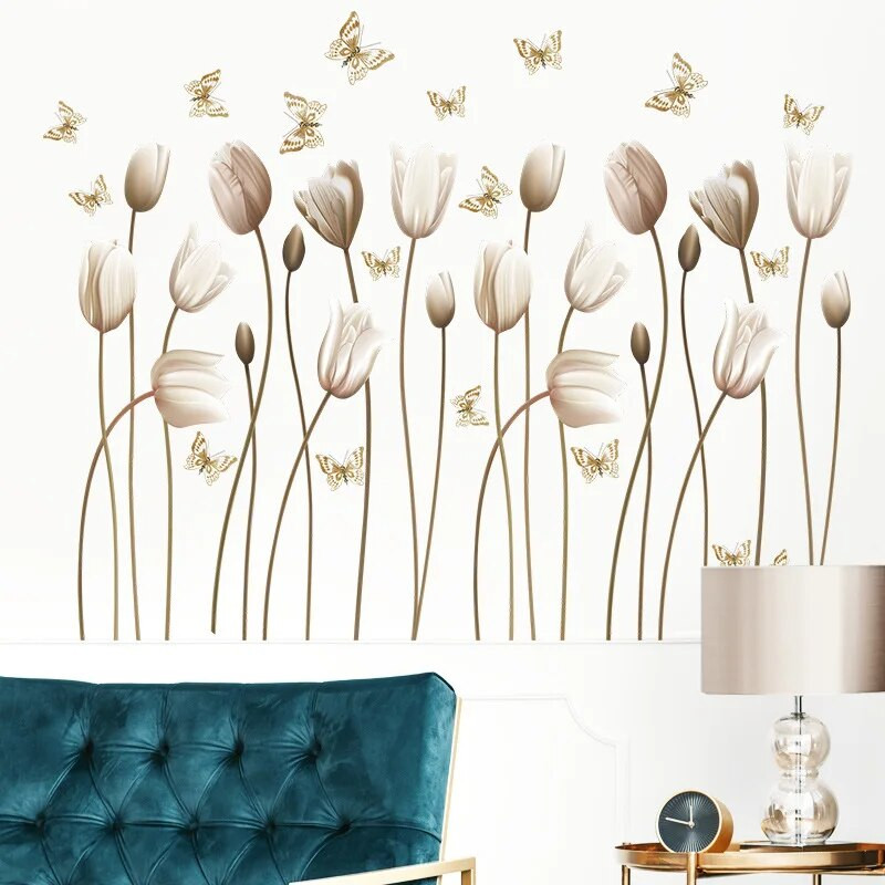 Elegantiški auksiniai tulpiniai sienų lipdukai 3D gėlių drugelis, lipnūs tapetai svetainės sienai dekoratyvinis vinilo freskos meninis lipdukas