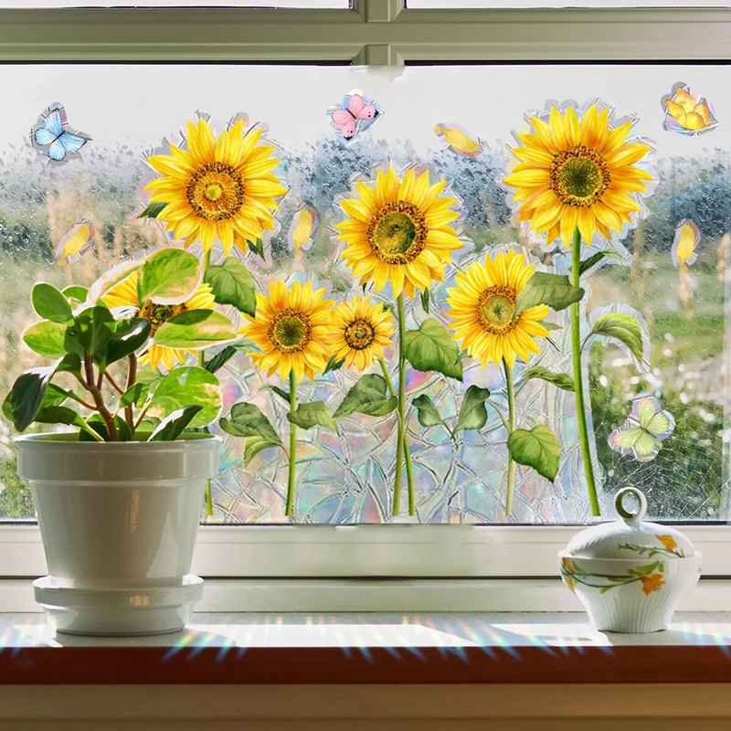 Drugelio saulėgrąžų saulės gaudyklės lipdukai Statinio lango stiklo saulės gaudyklės lipdukas vaivorykštės gaminimo mašina Svetainės miegamojo namų dekoravimas