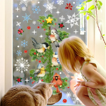 2τμχ Snowflake Christmas Tree Birds Χριστουγεννιάτικα αυτοκόλλητα τοίχου Ηλεκτροστατικά αυτοκόλλητα από γυαλί Παράθυρο Διακόσμηση σπιτιού Αυτοκόλλητο τοίχου
