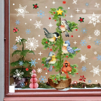 2 бр. Снежинка Коледна елха Птици Коледни стикери за стена Електростатични стъклени стикери Прозорец Стикер за декорация на стена за дома