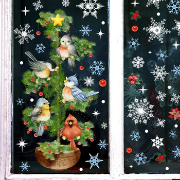 2 бр. Снежинка Коледна елха Птици Коледни стикери за стена Електростатични стъклени стикери Прозорец Стикер за декорация на стена за дома