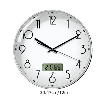 Стенен часовник на батерии Кухненски часовник с батерии без тиктакане 12-инчов LCD дисплей Сребърен стенен часовник с температура и влажност