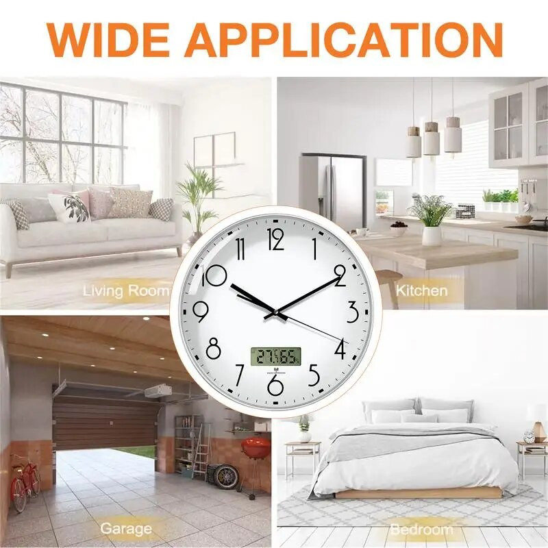 Zidni sat na baterije bez otkucavanja Kuhinjski sat na baterije 12-inčni LCD zaslon Srebrni zidni sat s temperaturom i vlagom