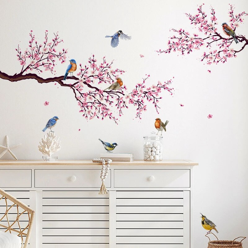 Roheliste taimede ja lillede seeria lindude kaunistustuba, elutuba, magamistuba, isekleepuvad ja eemaldatavad seinakleebised